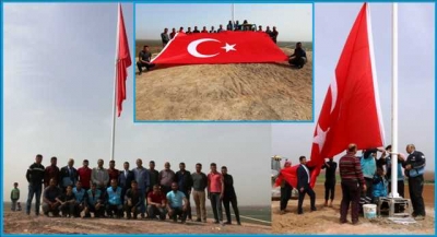 Ayhan, Suriye sınırına dev Türk bayrağı dikti